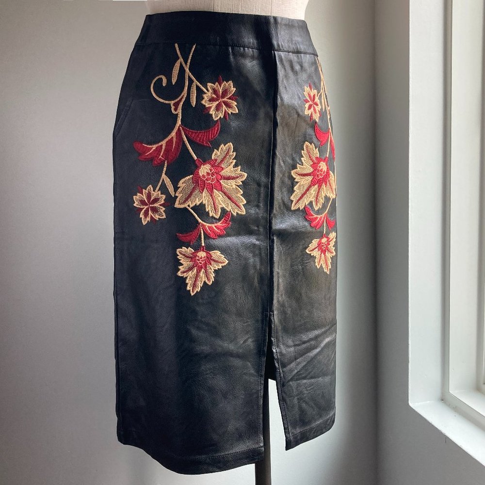 Embroidered Faux Leather Skirt